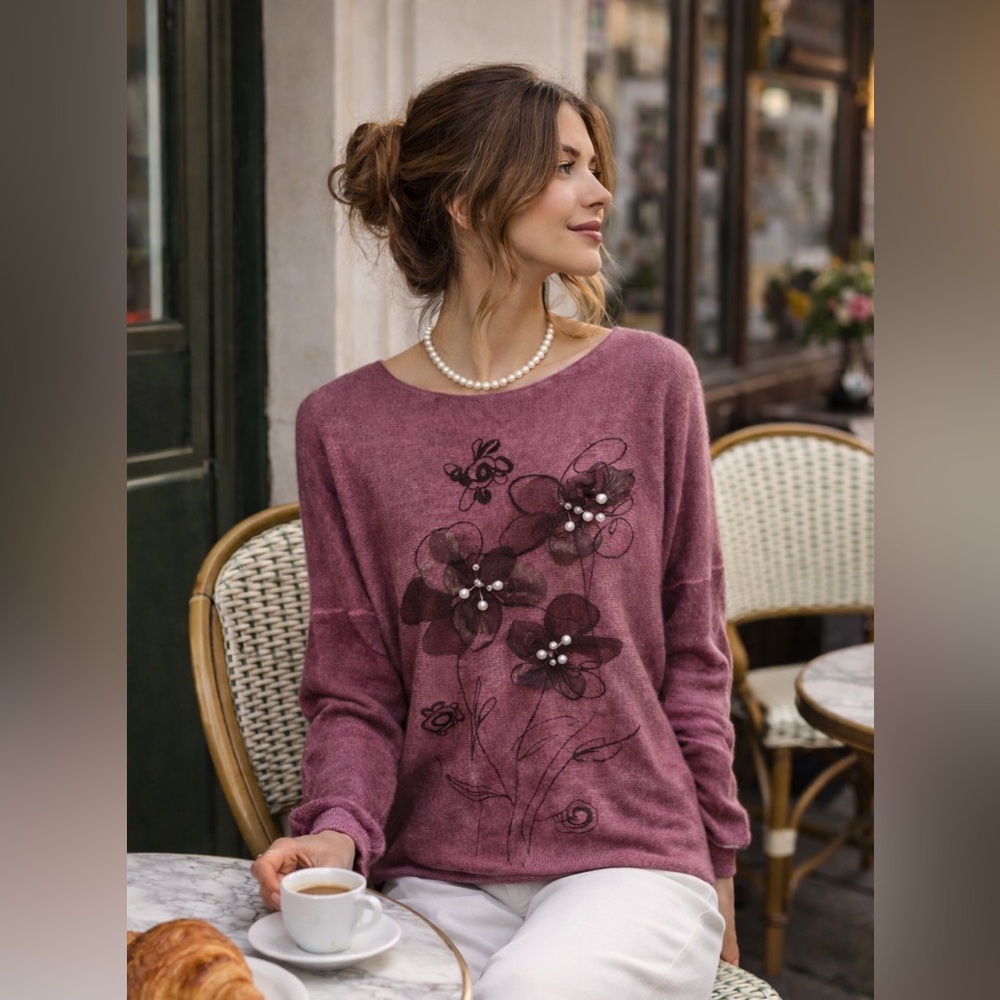 AMO, Floral Art Knit Sweater Pink Pearl Beaded Mesh Flowers Lightweight,Size M